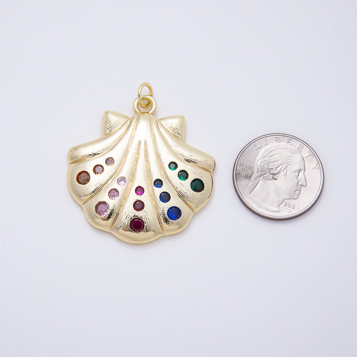 16K Gold Filled 41.5mm Multicolor CZ Dotted Textured Clam Sea Shell Charm | Charms-01060