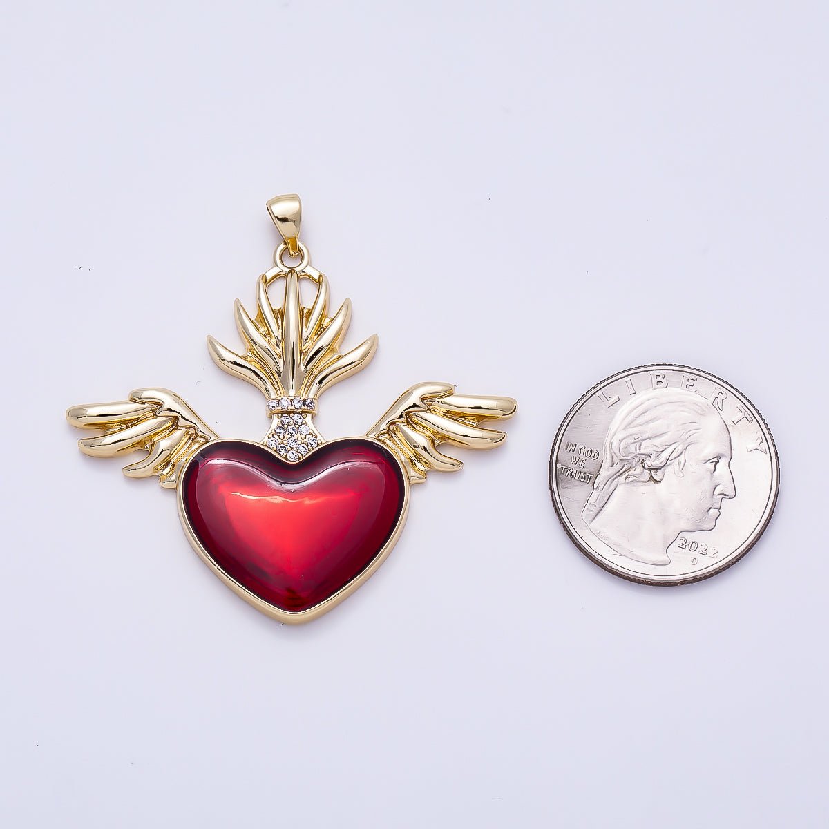 16K Gold Filled 42mm Micro Paved CZ Red Sacred Heart Wings Religious Pendant | Charms-01277