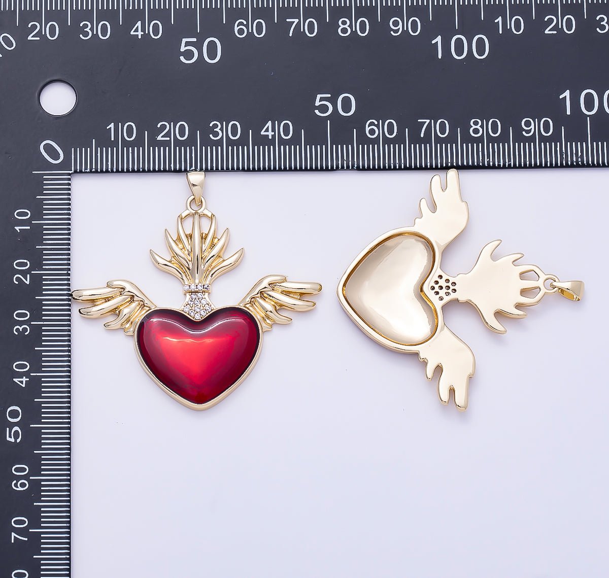16K Gold Filled 42mm Micro Paved CZ Red Sacred Heart Wings Religious Pendant | Charms-01277