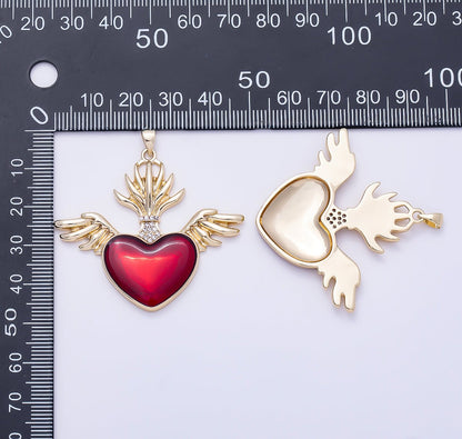 16K Gold Filled 42mm Micro Paved CZ Red Sacred Heart Wings Religious Pendant | Charms-01277