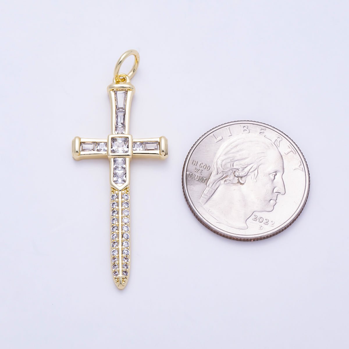 16K Gold Filled 43mm Baguette Micro Paved CZ Sword Cross Religious Pendant | Charms-01385