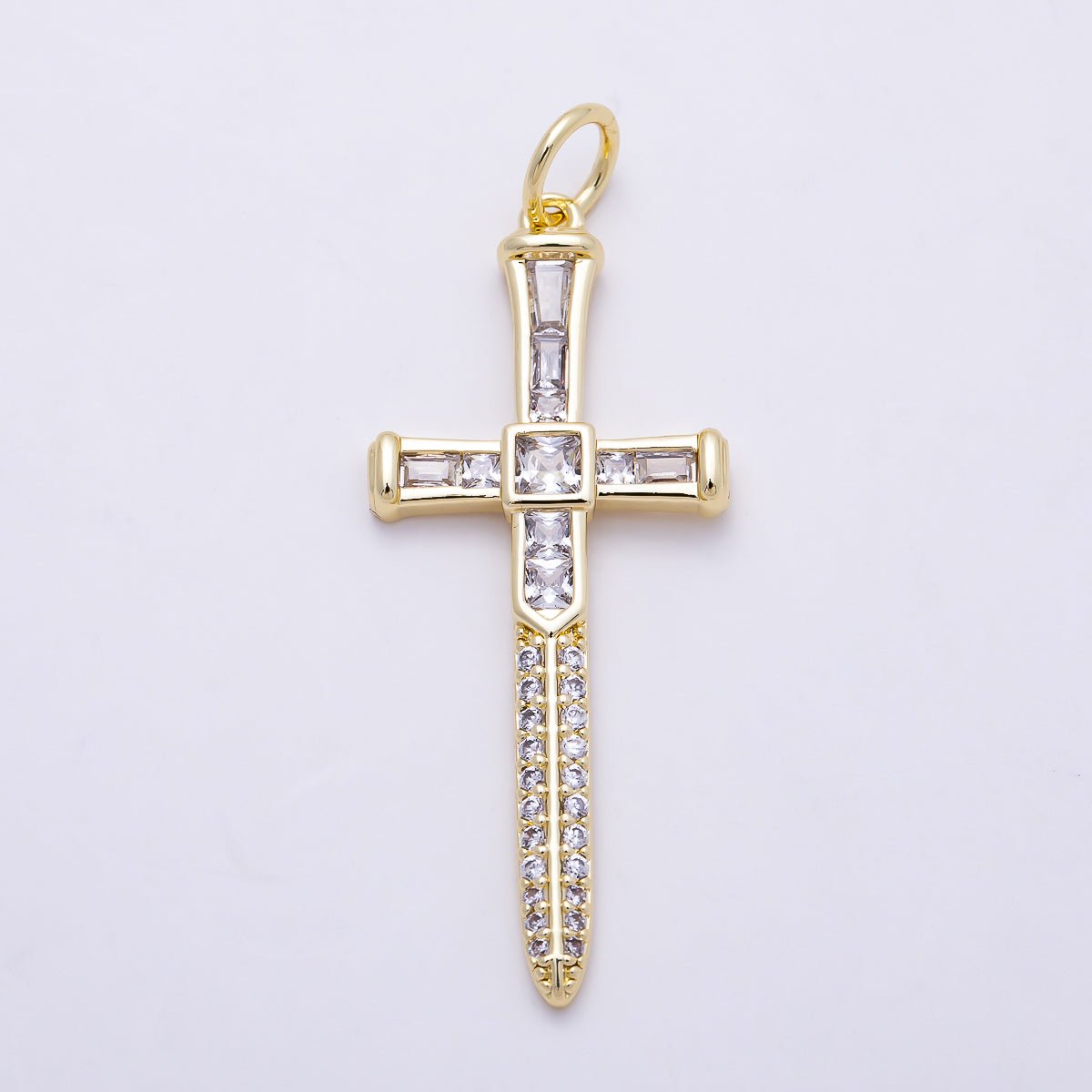 16K Gold Filled 43mm Baguette Micro Paved CZ Sword Cross Religious Pendant | Charms-01385