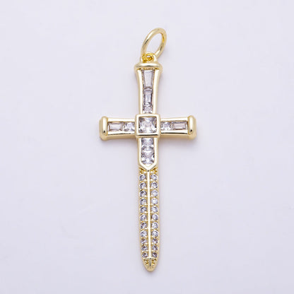 16K Gold Filled 43mm Baguette Micro Paved CZ Sword Cross Religious Pendant | Charms-01385