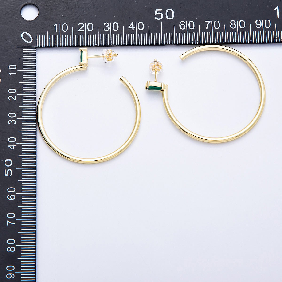 16K Gold Filled 45mm Green Baguette CZ C-Shaped Hoop Earrings | Earrings-00143