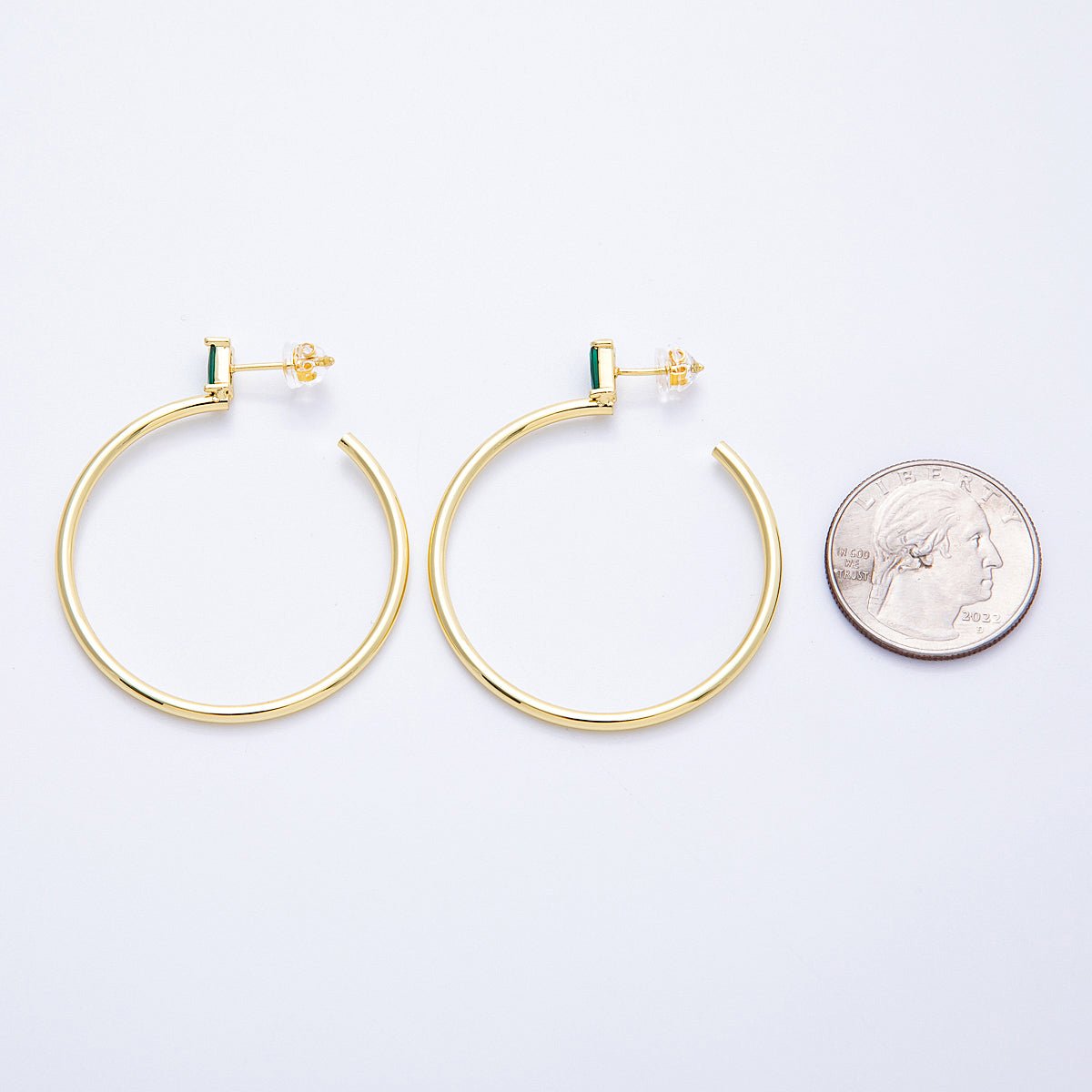 16K Gold Filled 45mm Green Baguette CZ C-Shaped Hoop Earrings | Earrings-00143