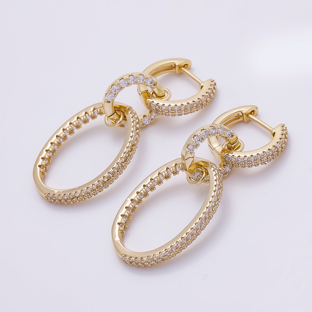 16K Gold Filled 46mm Micro Paved CZ Triple Link Drop Hoop | Earrings-00697