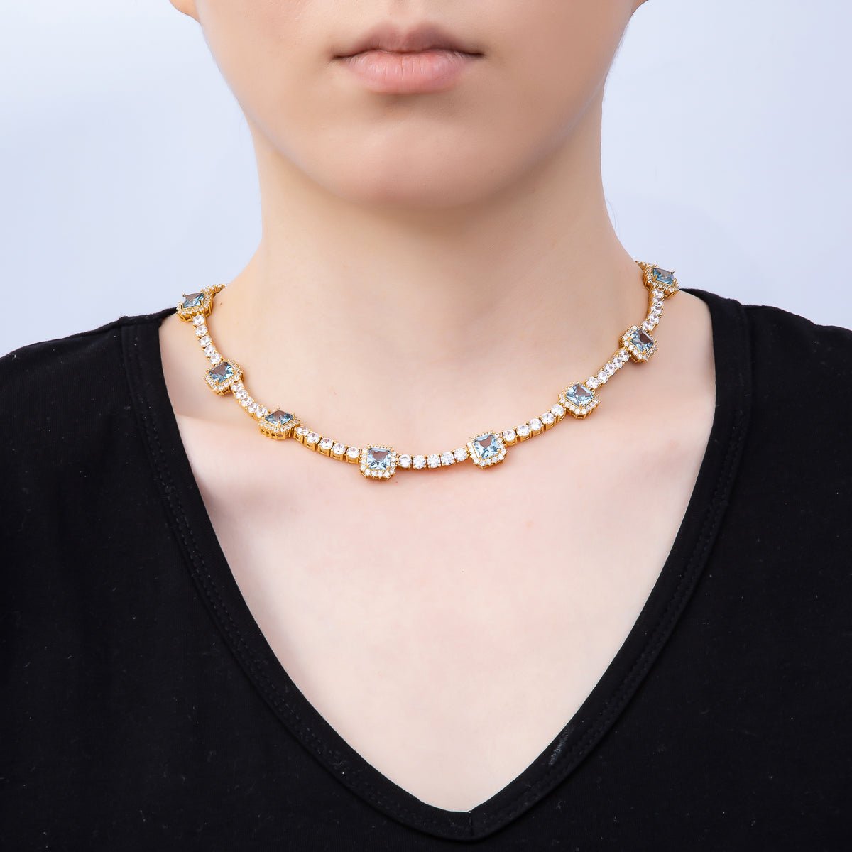 16K Gold Filled 4mm Blue Baguette CZ Tennis Chain 16.5 Inch Adjustable Necklace | WA-04678