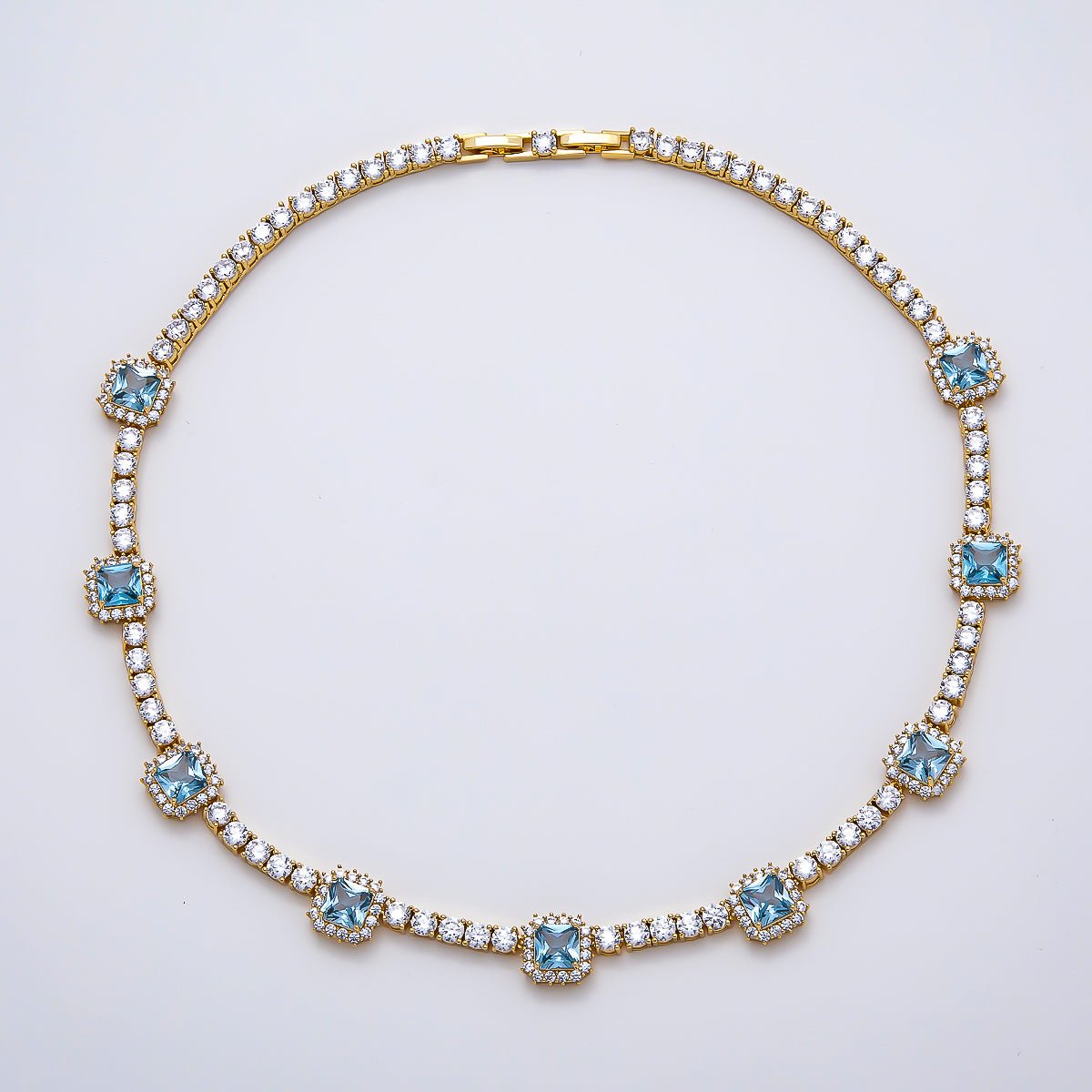 16K Gold Filled 4mm Blue Baguette CZ Tennis Chain 16.5 Inch Adjustable Necklace | WA-04678