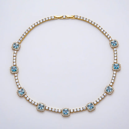 16K Gold Filled 4mm Blue Baguette CZ Tennis Chain 16.5 Inch Adjustable Necklace | WA-04678