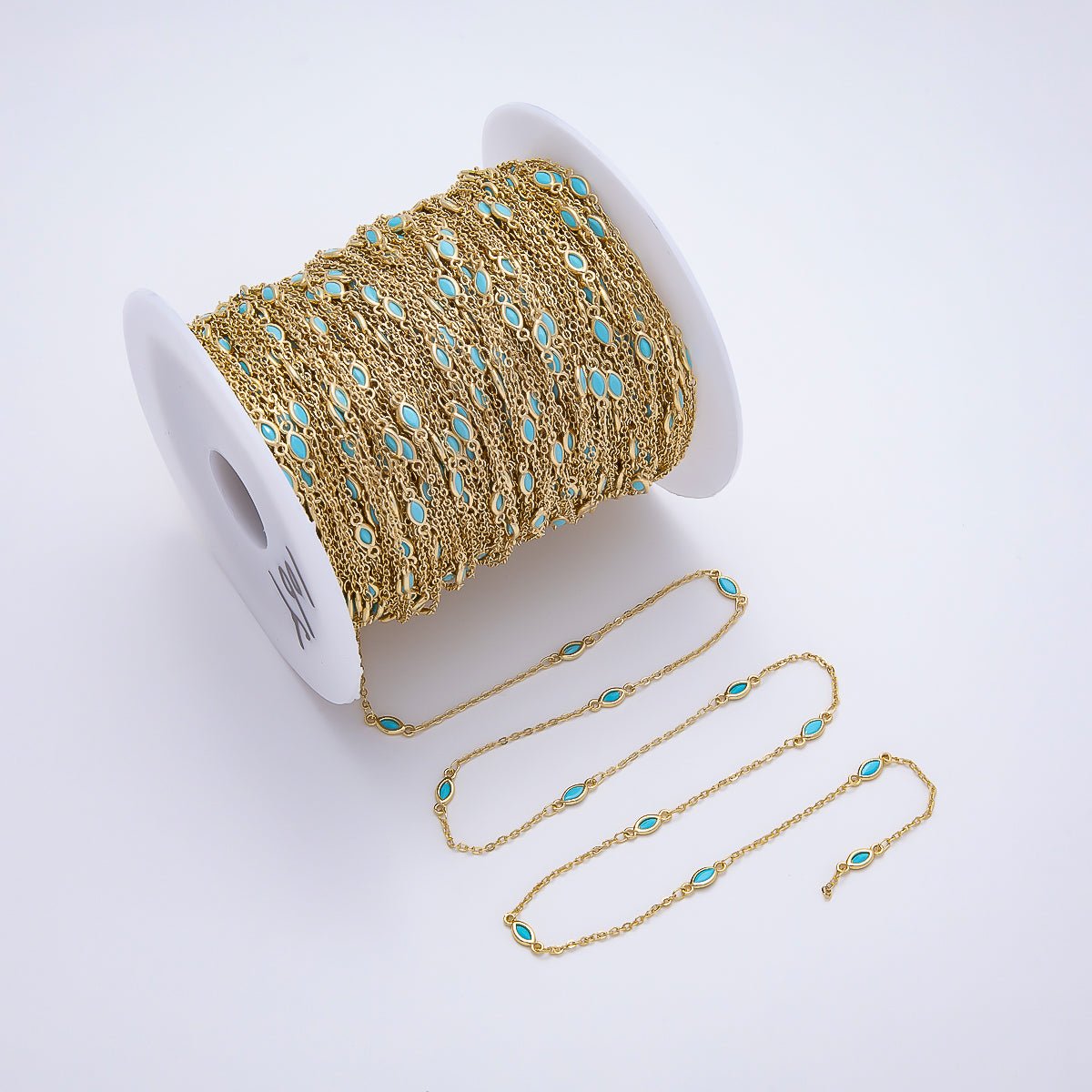16K Gold Filled 4mm Blue Turquoise Marquise Bezel Satellite Gemstone Chain by Yard | Roll-01884