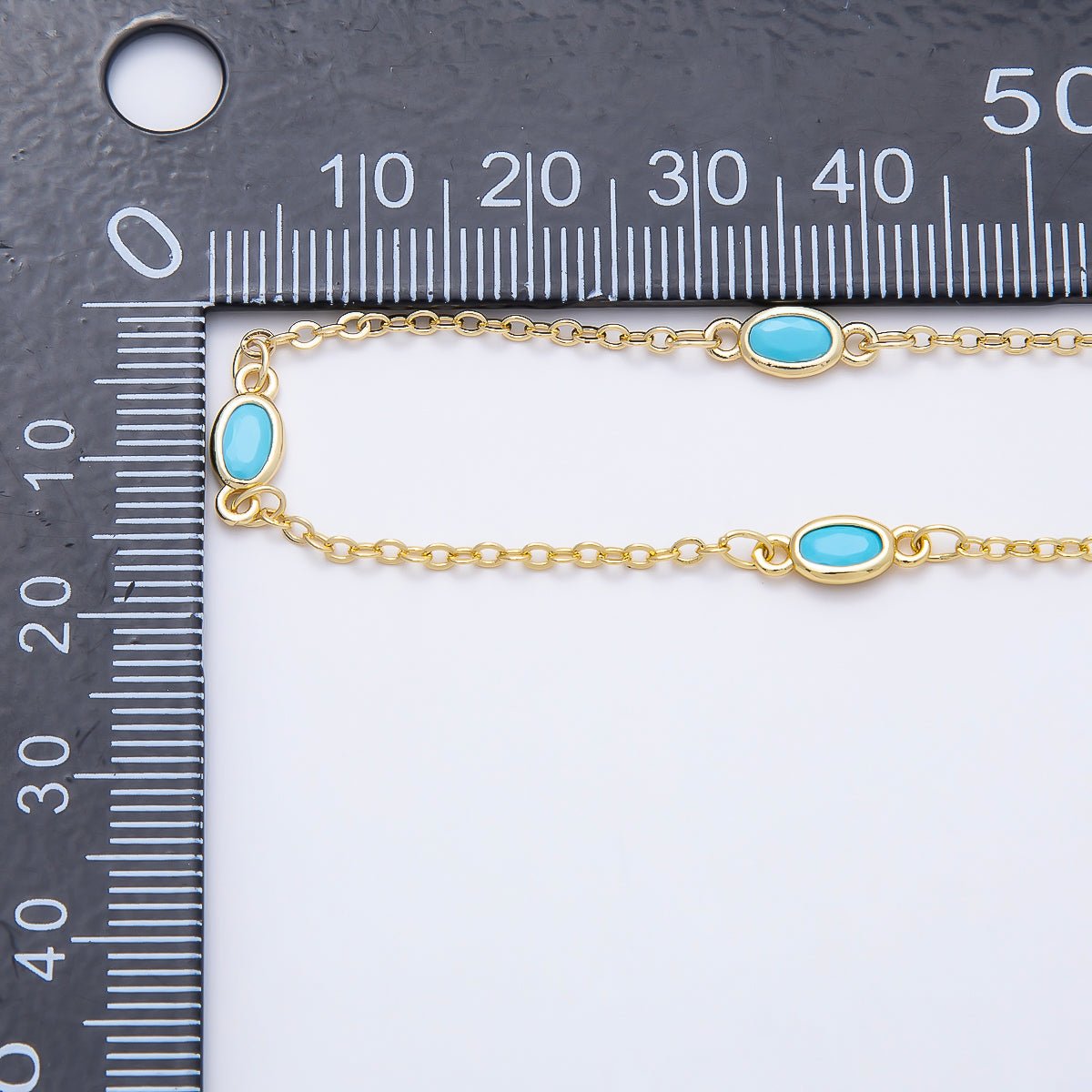 16K Gold Filled 4mm Blue Turquoise Oval Bezel Satellite Gemstone Chain by Yard | Roll-01888