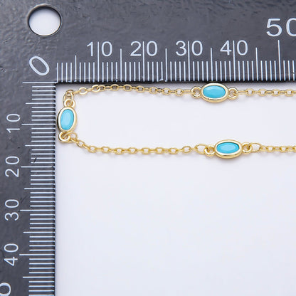 16K Gold Filled 4mm Blue Turquoise Oval Bezel Satellite Gemstone Chain by Yard | Roll-01888