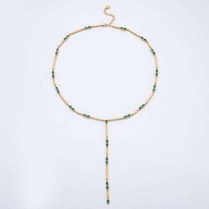 16K Gold Filled 4mm Clear, Green, Fuchsia CZ Teardrop Bar Lariat 17.5 Inch Necklace | WA-00146 WA-00152 WA-00185