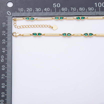 16K Gold Filled 4mm Clear, Green, Fuchsia CZ Teardrop Bar Lariat 17.5 Inch Necklace | WA-00146 WA-00152 WA-00185