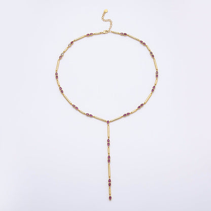 16K Gold Filled 4mm Clear, Green, Fuchsia CZ Teardrop Bar Lariat 17.5 Inch Necklace | WA-00146 WA-00152 WA-00185