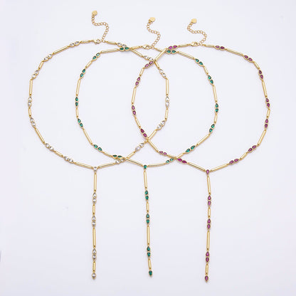 16K Gold Filled 4mm Clear, Green, Fuchsia CZ Teardrop Bar Lariat 17.5 Inch Necklace | WA-00146 WA-00152 WA-00185