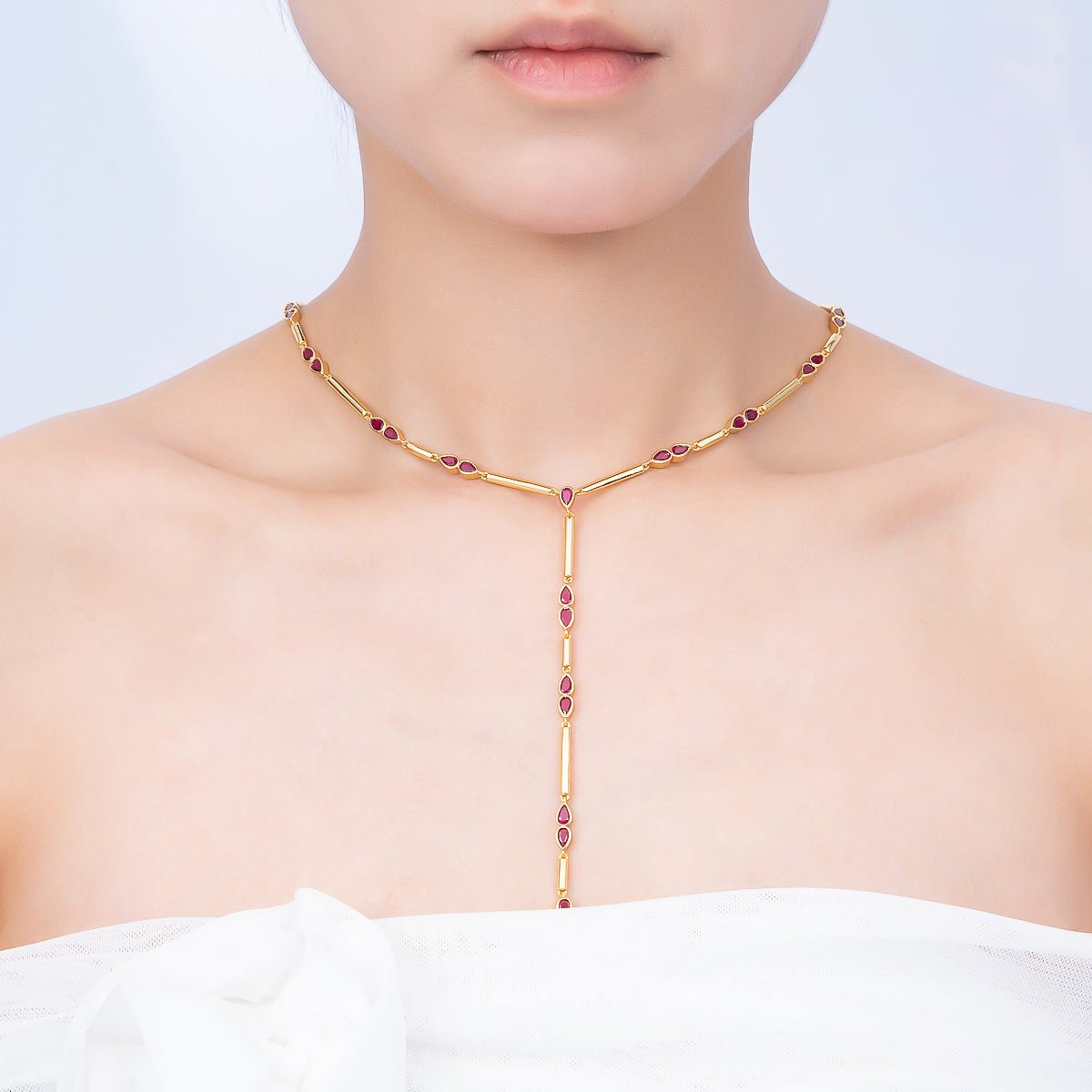 16K Gold Filled 4mm Clear, Green, Fuchsia CZ Teardrop Bar Lariat 17.5 Inch Necklace | WA-00146 WA-00152 WA-00185
