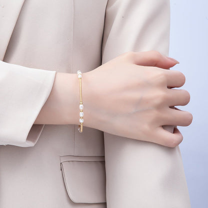 16K Gold Filled 4mm Freshwater Pearl Coil Wire Cuff Bangle Bracelet | WA-04467