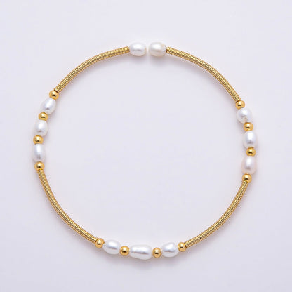 16K Gold Filled 4mm Freshwater Pearl Coil Wire Cuff Bangle Bracelet | WA-04467