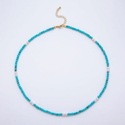 16K Gold Filled 4mm Shell Pearl Turquoise Gemstone Chain 16.5 Inch Necklace w. Extender | WA-00250 WA-00258