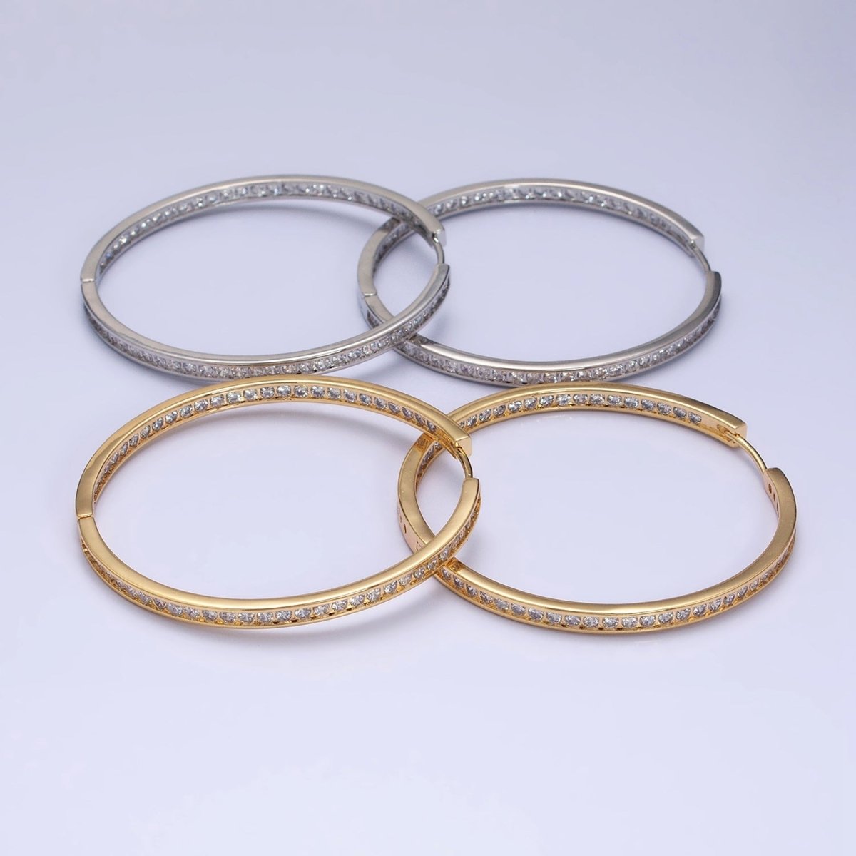 16K Gold Filled 50mm, 35mm, 30mm Clear CZ Micro Paved Front-Facing Endless Hoop Earrings in Gold &amp; Silver | AD826 AD827, AE029 - AE032