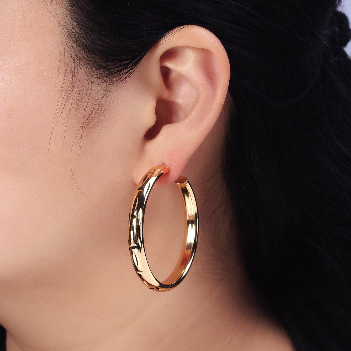 16K Gold Filled 50mm Dented Edge Line Rounded Hoop Earrings in Gold &amp; Silver | AE545 AE546
