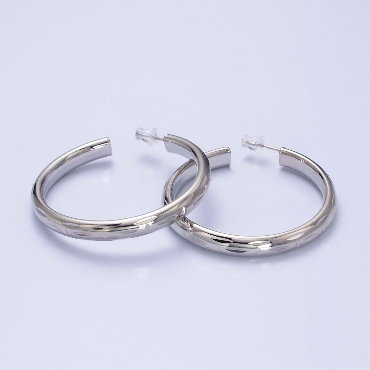 16K Gold Filled 50mm Dented Edge Line Rounded Hoop Earrings in Gold &amp; Silver | AE545 AE546