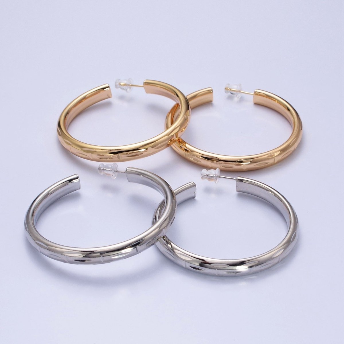 16K Gold Filled 50mm Dented Edge Line Rounded Hoop Earrings in Gold &amp; Silver | AE545 AE546