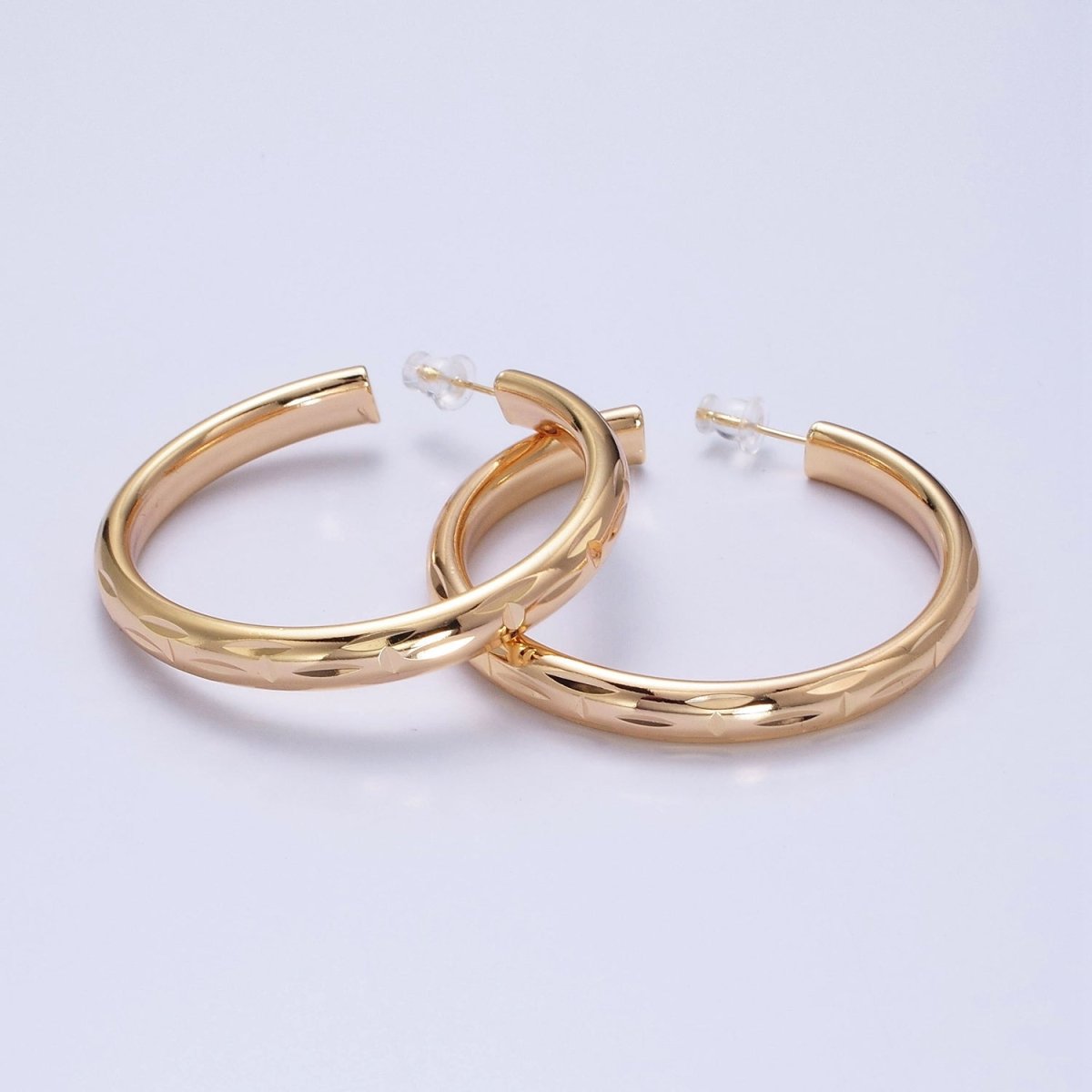 16K Gold Filled 50mm Dented Edge Line Rounded Hoop Earrings in Gold &amp; Silver | AE545 AE546