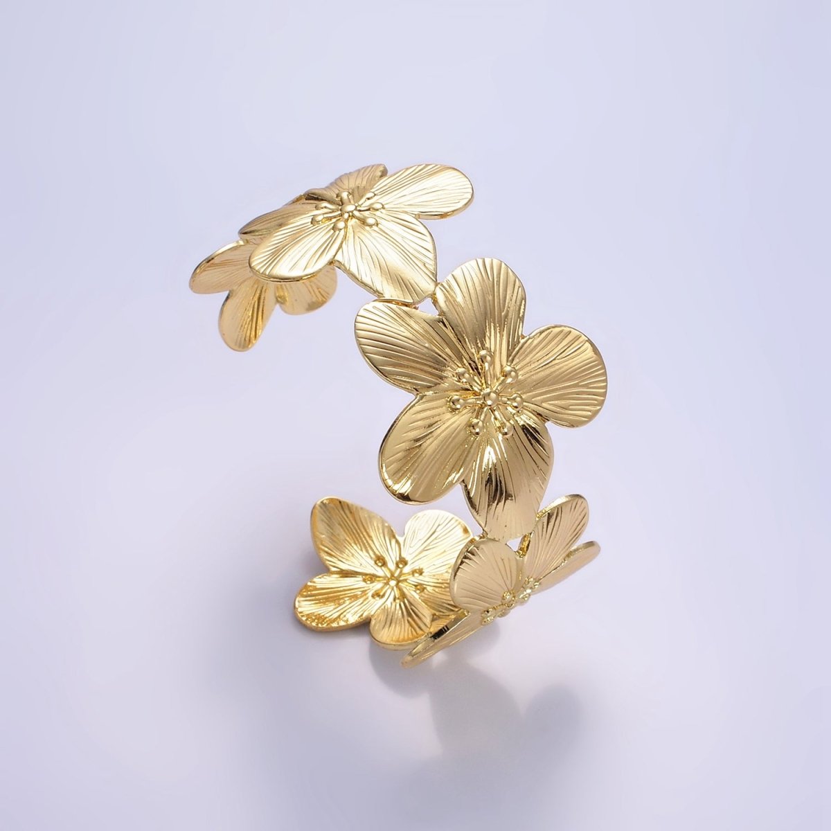 16K Gold Filled 50mm Flower Textured Wide Cuff Bracelet | WA-2521