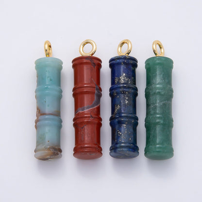 16K Gold Filled 50mm Lapis Lazuli, Aventurine Red Jasper, Amazonite Gemstone Tube Cylinder Charm | Charms-01069 ~ Charms-01072
