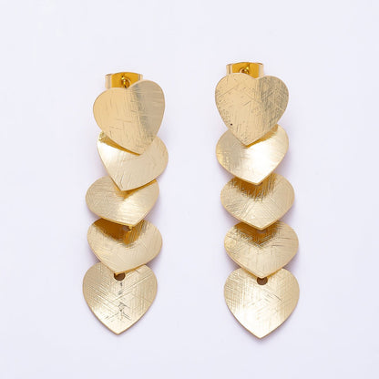16K Gold Filled 50mm Multiple Line-Textured Heart Drop Stud Earrings | Earrings-00725