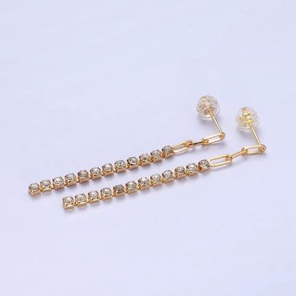 16K Gold Filled 52.5mm Triple Paperclip Link Clear Tennis CZ Chain Linear Drop Stud Earrings | AB386