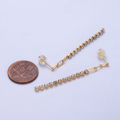16K Gold Filled 52.5mm Triple Paperclip Link Clear Tennis CZ Chain Linear Drop Stud Earrings | AB386