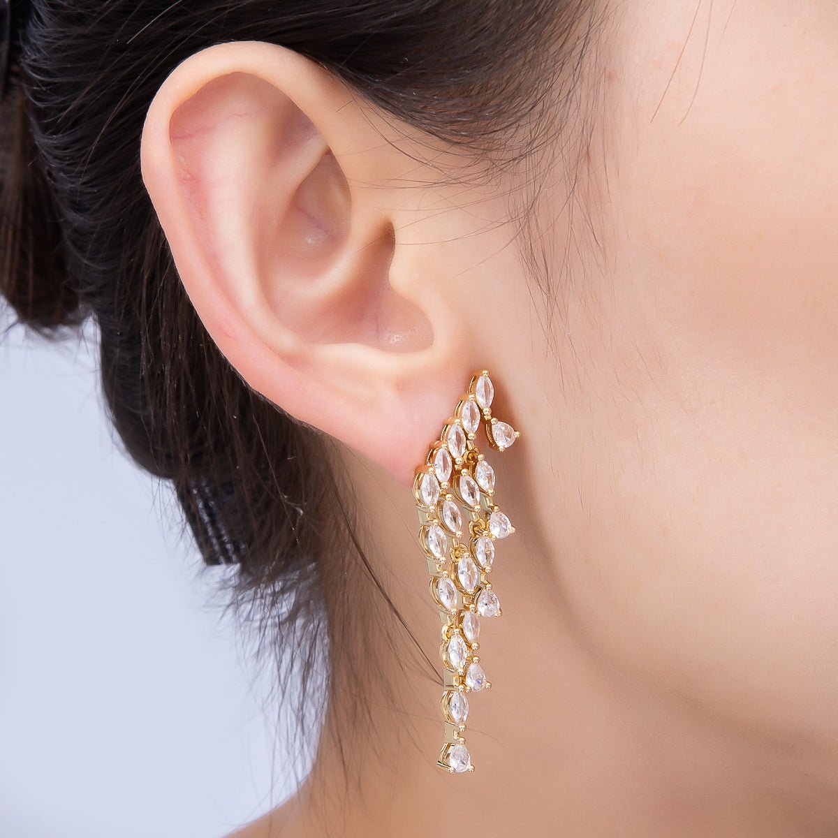 16K Gold Filled 52mm Clear Marquise CZ Cascading Multi Drop Stud Earrings | Earrings-00695
