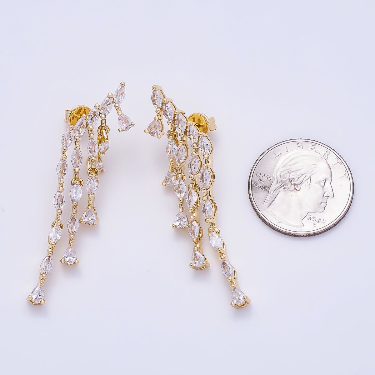 16K Gold Filled 52mm Clear Marquise CZ Cascading Multi Drop Stud Earrings | Earrings-00695