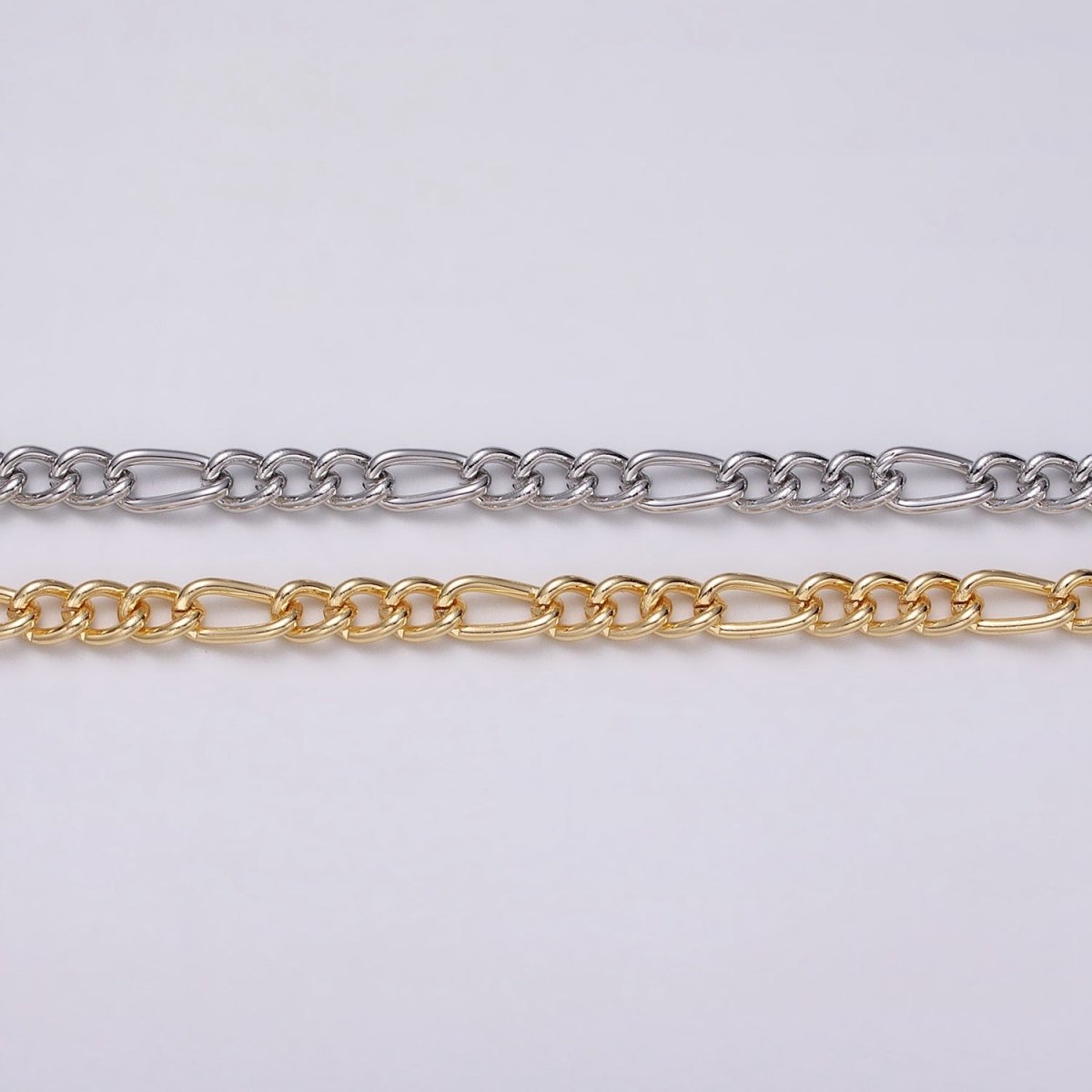 16K Gold Plated 5.3mm Figaro Unfinished Chain by Yard in Gold &amp; Silver | ROLL-1233 ROLL-1234 Clearance Pricing