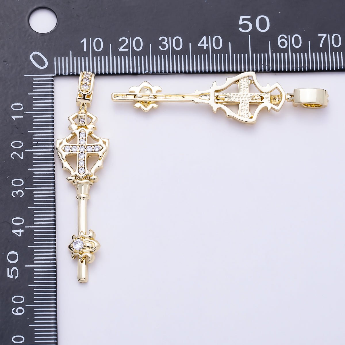 16K Gold Filled 54mm Clear Micro Paved Key Cross Religious Pendant | Charms-01387