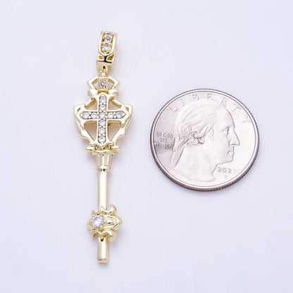 16K Gold Filled 54mm Clear Micro Paved Key Cross Religious Pendant | Charms-01387
