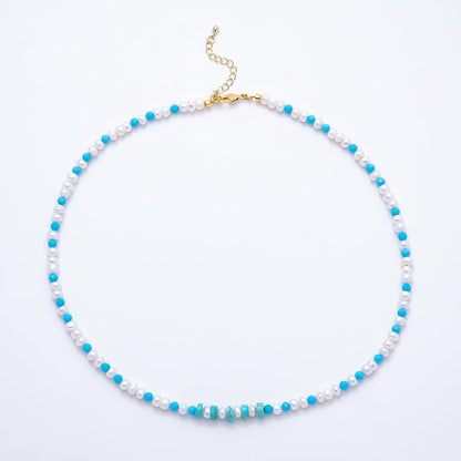 16K Gold Filled 5.5mm Blue Turquoise Shell Pearl Button Gemstone Chain 18 Inch Necklace | WA-00325