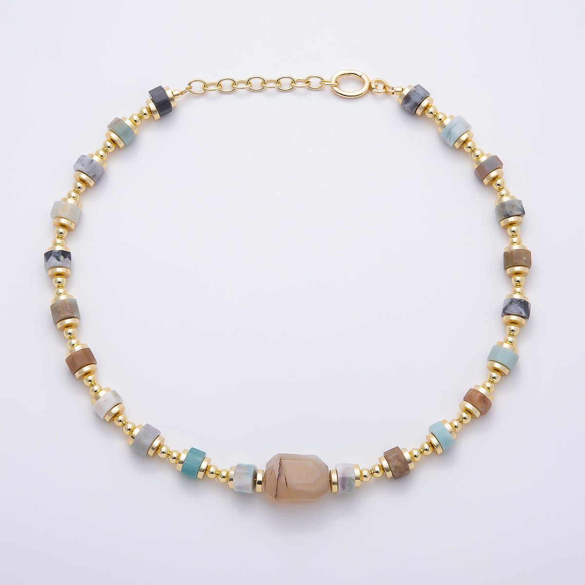 16K Gold Filled 5mm Amazonite Tube Bead Gemstone Chain 17.5 Inch w. Push Gate Extender | WA-00050