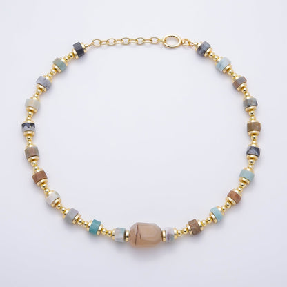 16K Gold Filled 5mm Amazonite Tube Bead Gemstone Chain 17.5 Inch w. Push Gate Extender | WA-00050