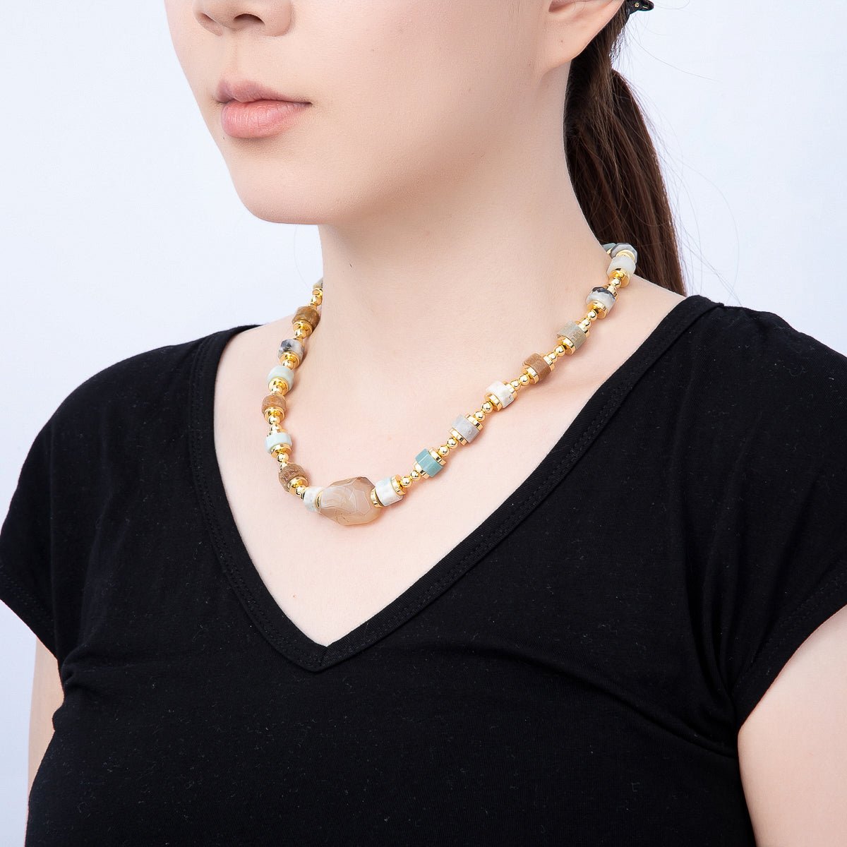 16K Gold Filled 5mm Amazonite Tube Bead Gemstone Chain 17.5 Inch w. Push Gate Extender | WA-00050