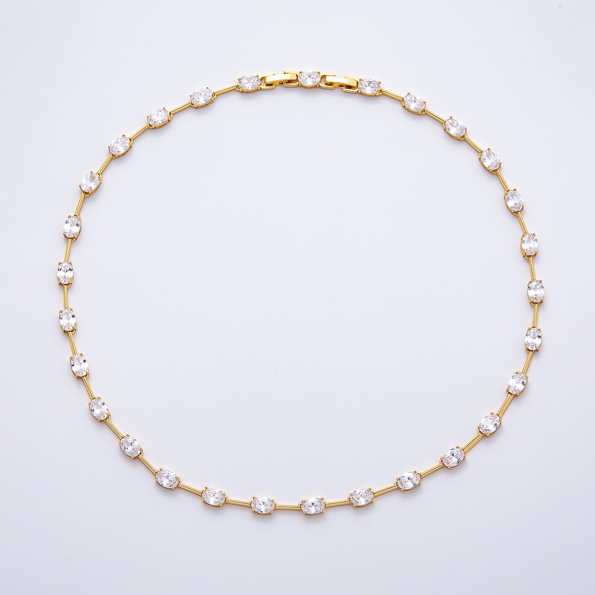16K Gold Filled 5mm Clear Oval CZ Bar Gemstone Chain 17 Inch Adjustable Necklace | WA-04720