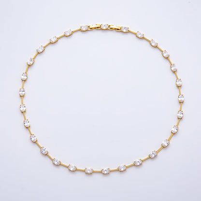 16K Gold Filled 5mm Clear Oval CZ Bar Gemstone Chain 17 Inch Adjustable Necklace | WA-04720
