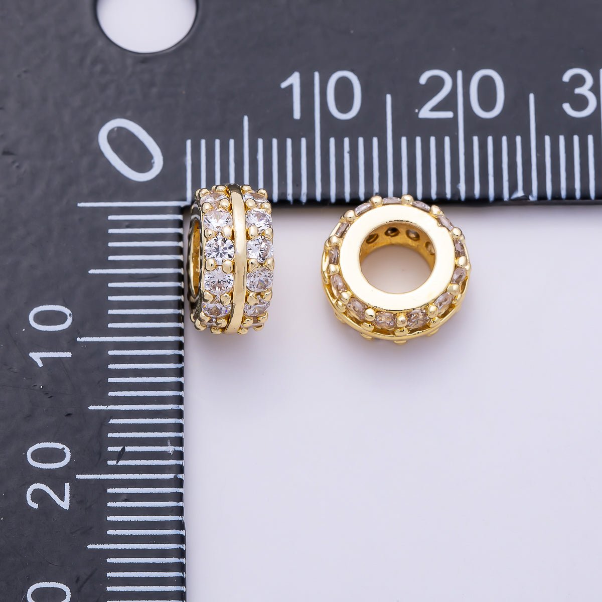 16K Gold Filled 10mm Double Micro Paved CZ Lined Rondelle Bead | Beads-00535