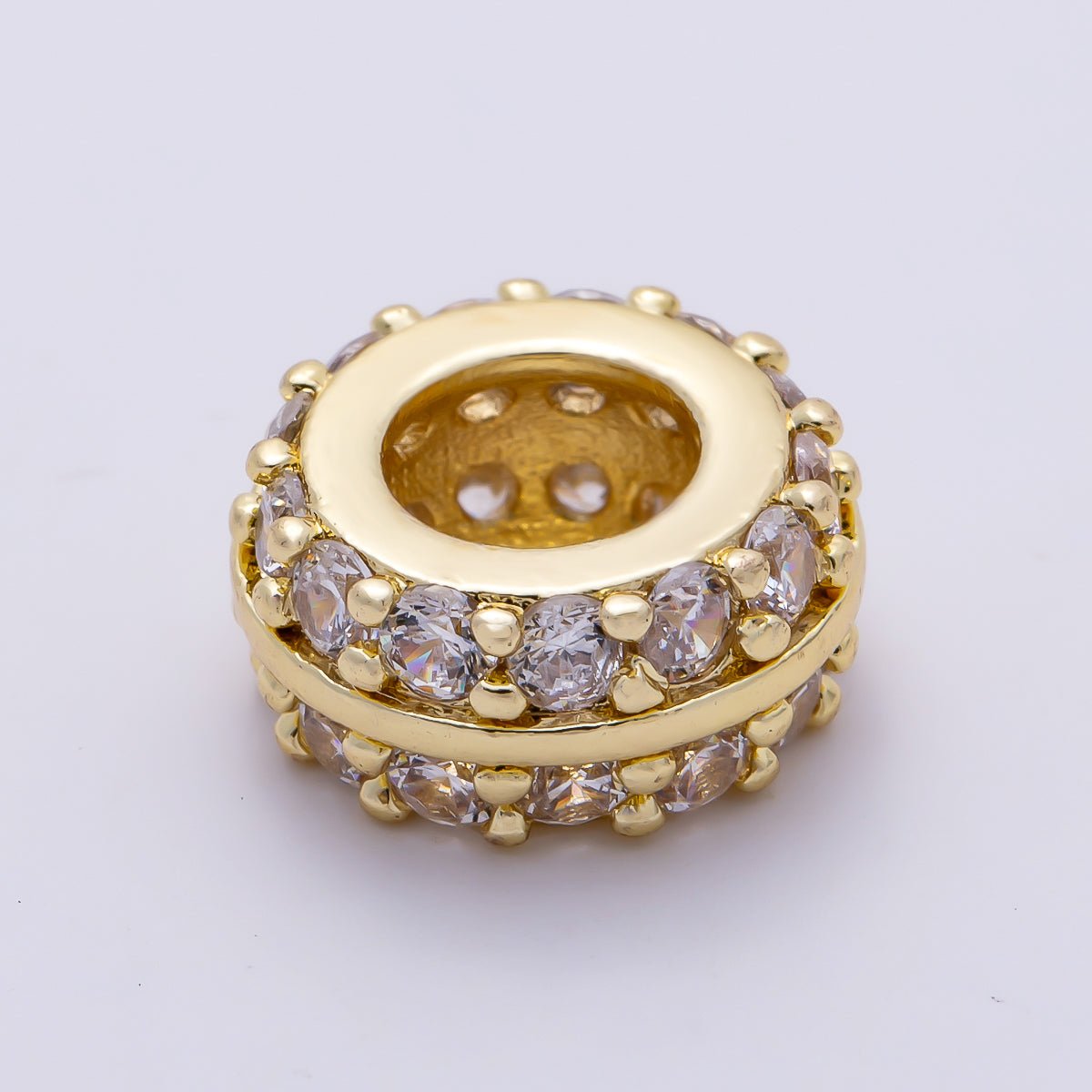 16K Gold Filled 10mm Double Micro Paved CZ Lined Rondelle Bead | Beads-00535