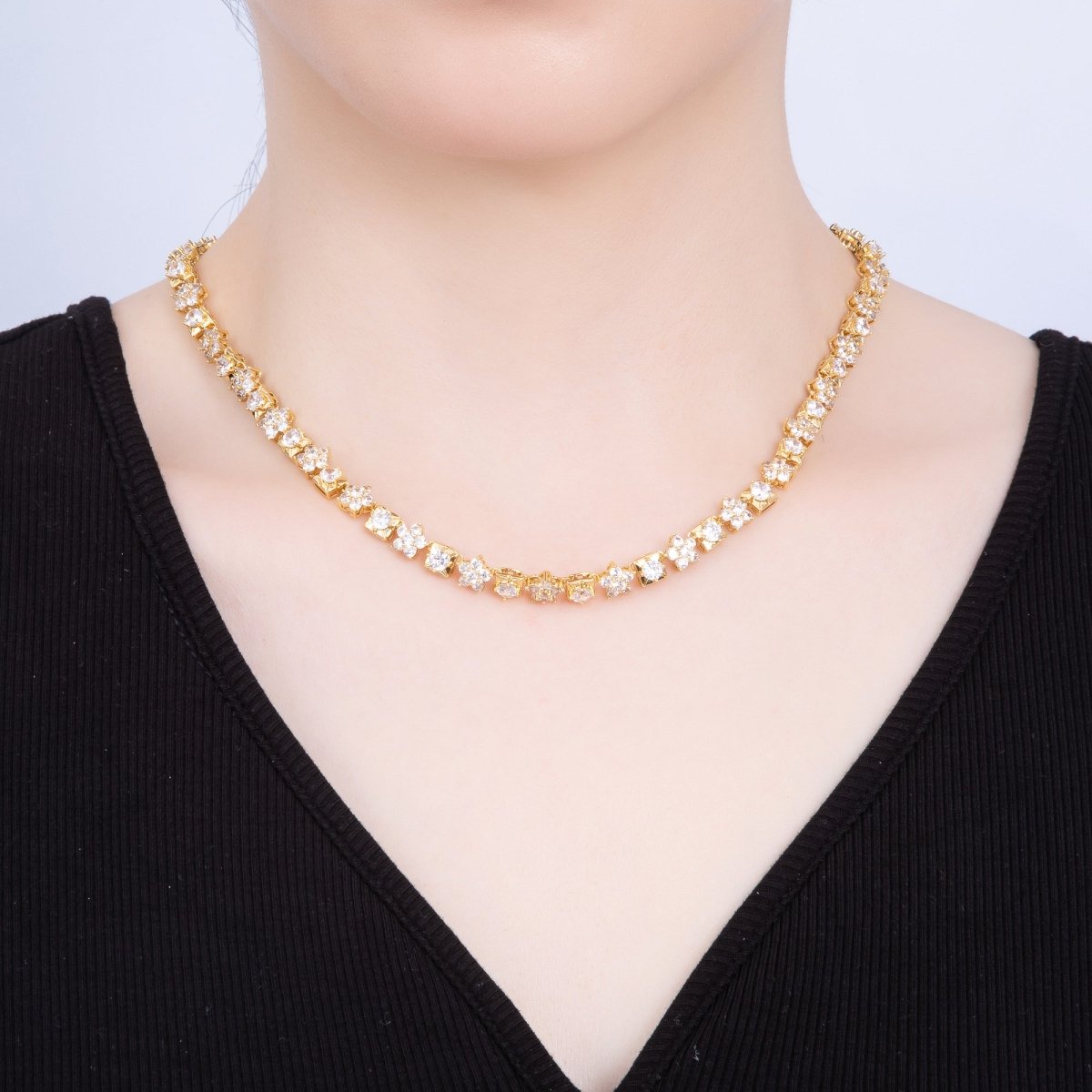 16K Gold Filled 5mm Micro Paved CZ Flower Square Tennis Chain 17 Inch Adjustable Necklace | WA-04246