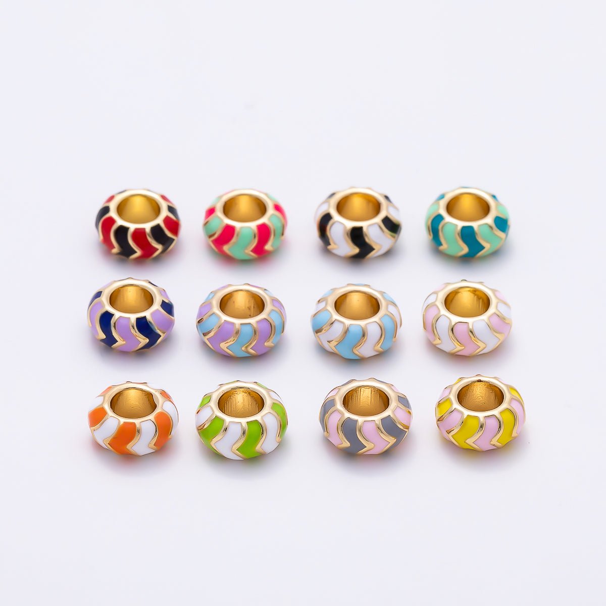16K Gold Filled 10mm Multicolor Chevron Enamel Large Hole Rondelle Bead | Beads-00502 ~ Beads-00513