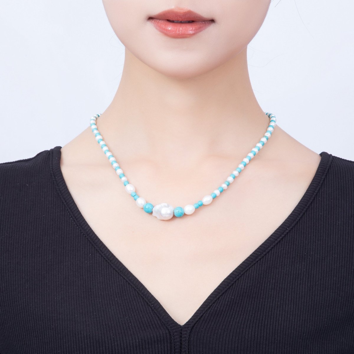 16K Gold Filled 5mm Shell Pearl Turquoise Round Gradient Gemstone Chain 18 Inch Necklace | WA-01508